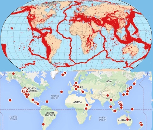 Actividad sísmica (arriba) y localización de plantas de generación geotérmica